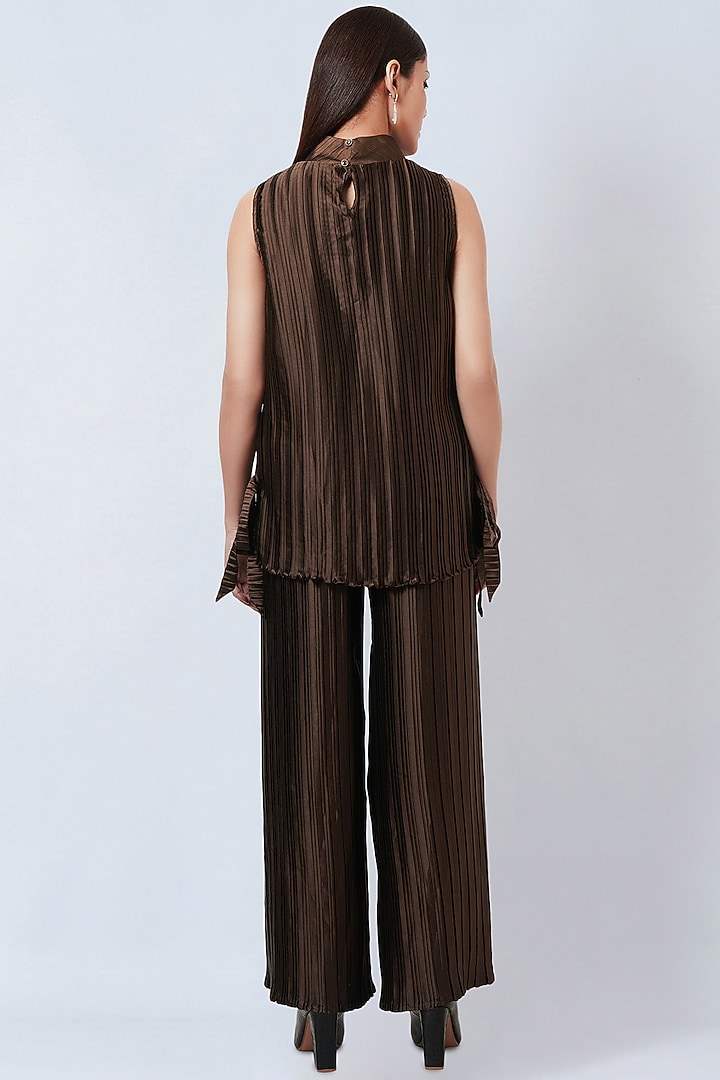 Brown Polyester Satin Box Pleated Top by First Resort by Ramola Bachchan at Pernia's Pop Up Shop