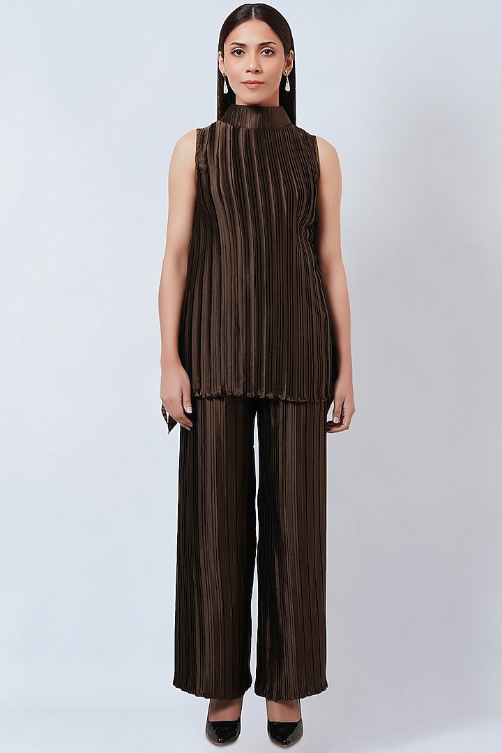 Brown Polyester Satin Box Pleated Top by First Resort by Ramola Bachchan at Pernia's Pop Up Shop