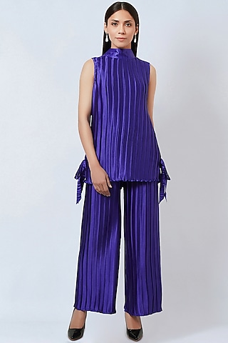 Purple Polyester Satin Box Pleated Top by First Resort by Ramola Bachchan