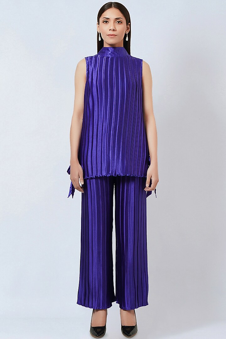 Purple Polyester Satin Box Pleated Top by First Resort by Ramola Bachchan at Pernia's Pop Up Shop