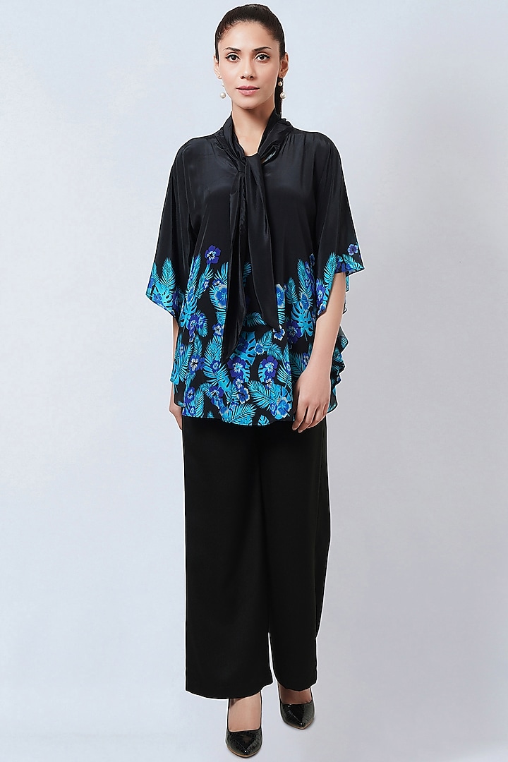 Black & Blue Viscose Crepe Floral Printed Top by First Resort by Ramola Bachchan