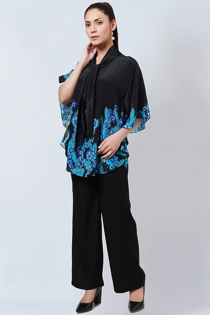 Black & Blue Viscose Crepe Floral Printed Top by First Resort by Ramola Bachchan at Pernia's Pop Up Shop