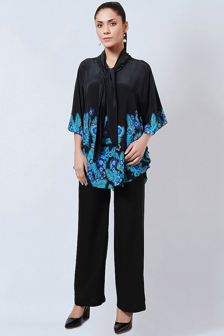 Black & Blue Viscose Crepe Floral Printed Top by First Resort by Ramola Bachchan at Pernia's Pop Up Shop