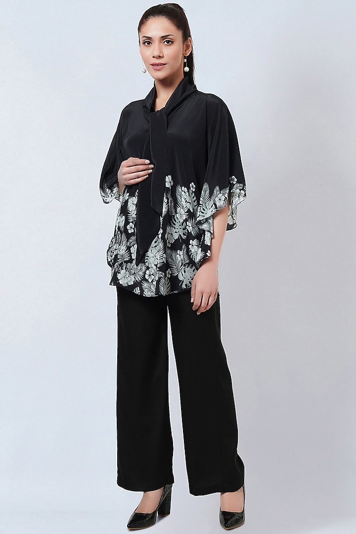 Black & Grey Viscose Crepe Floral Printed Top by First Resort by Ramola Bachchan at Pernia's Pop Up Shop