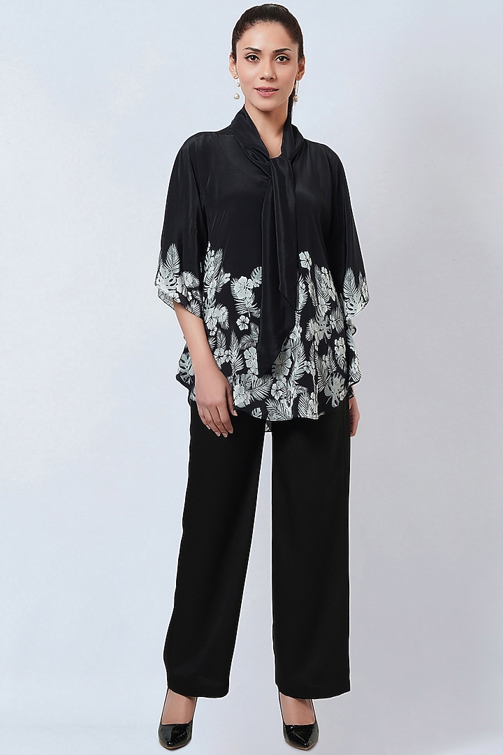 Black & Grey Viscose Crepe Floral Printed Top by First Resort by Ramola Bachchan at Pernia's Pop Up Shop