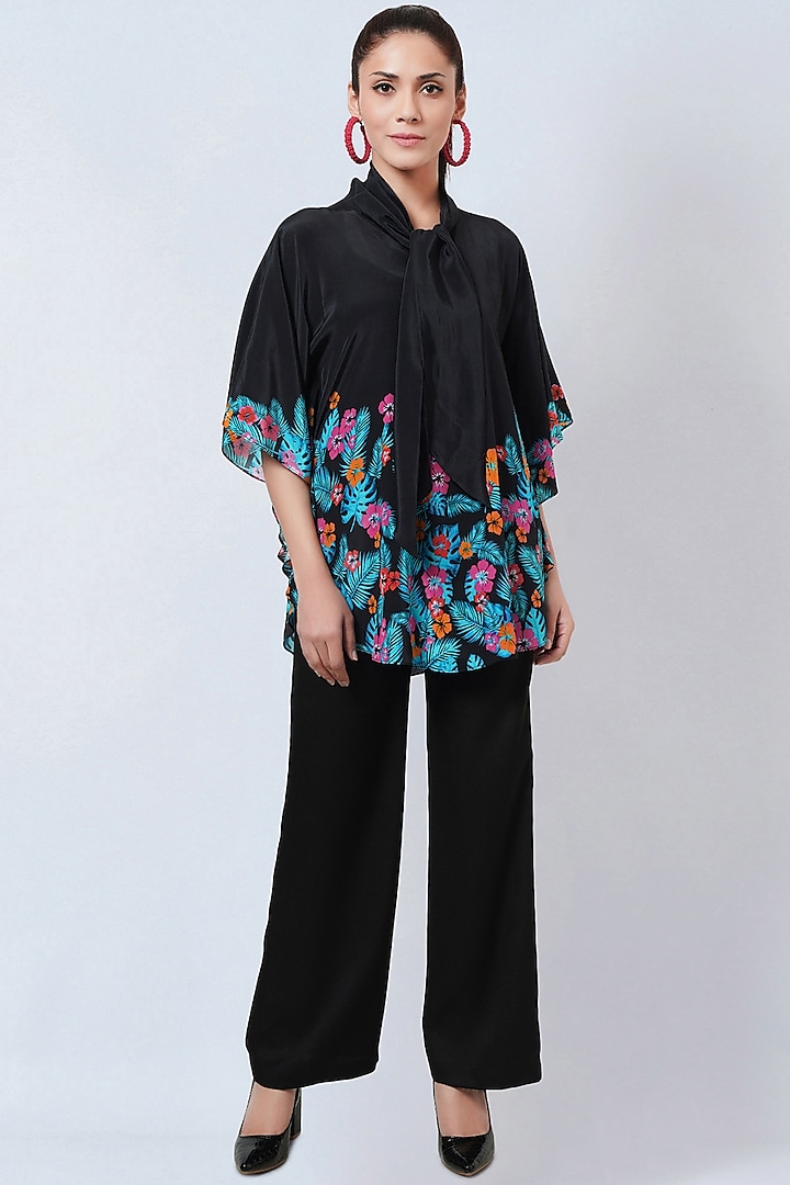 Black Viscose Crepe Floral Printed Top by First Resort by Ramola Bachchan