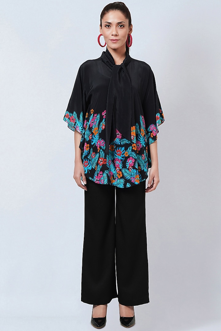 Black Viscose Crepe Floral Printed Top by First Resort by Ramola Bachchan at Pernia's Pop Up Shop
