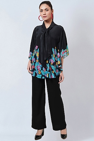 Black Viscose Crepe Floral Printed Top by First Resort by Ramola Bachchan