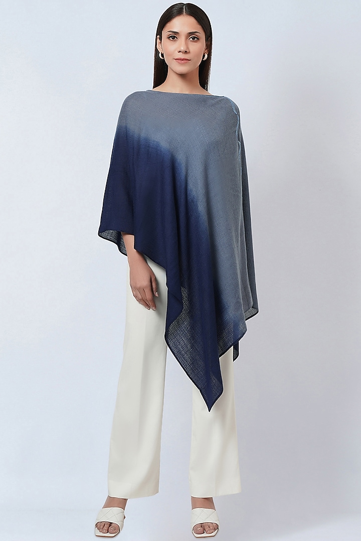 Grey & Blue Ombre Cashmere Embellished Poncho Top by First Resort by Ramola Bachchan
