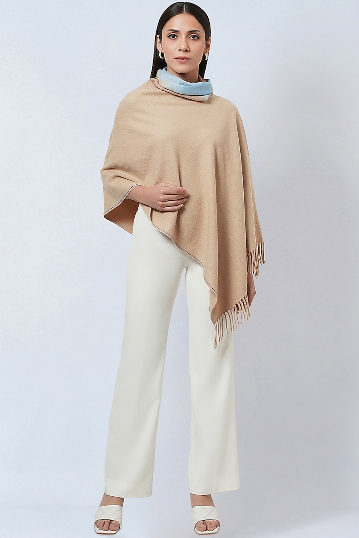 Beige Cashmere Embellished Asymmetrical Poncho Top by First Resort by Ramola Bachchan