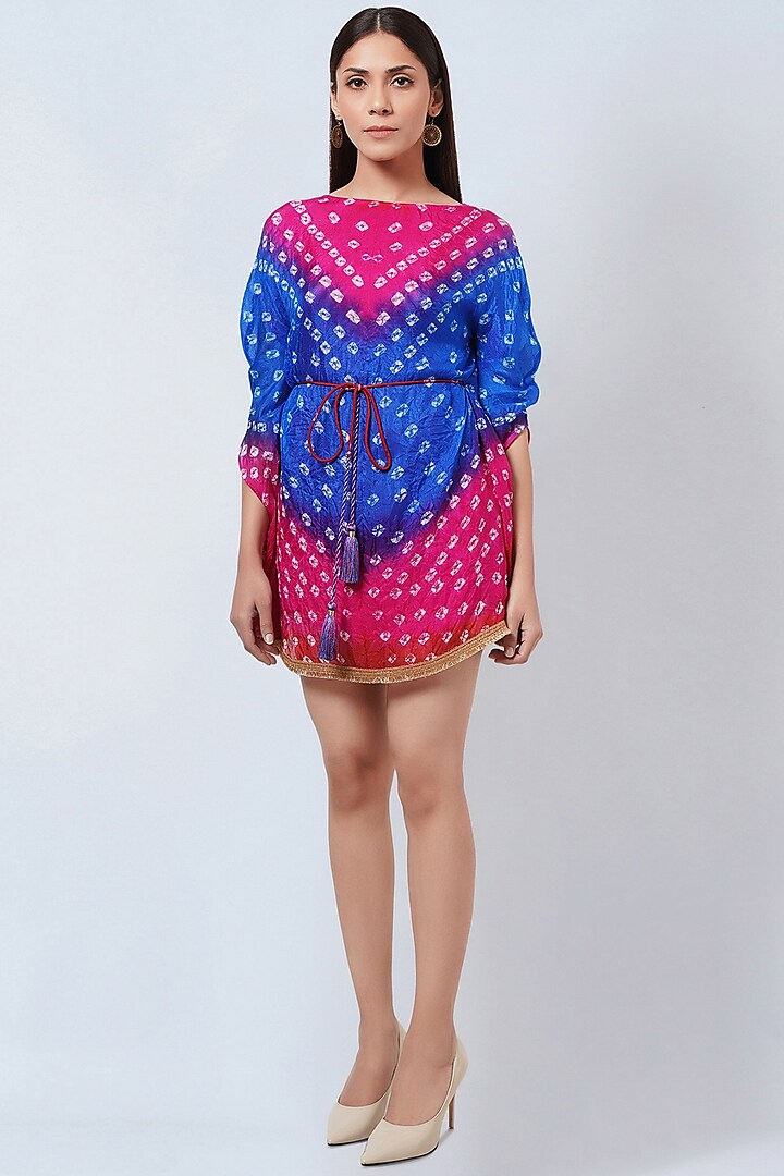 Pink & Blue Silk Bandhani Printed Tunic by First Resort by Ramola Bachchan