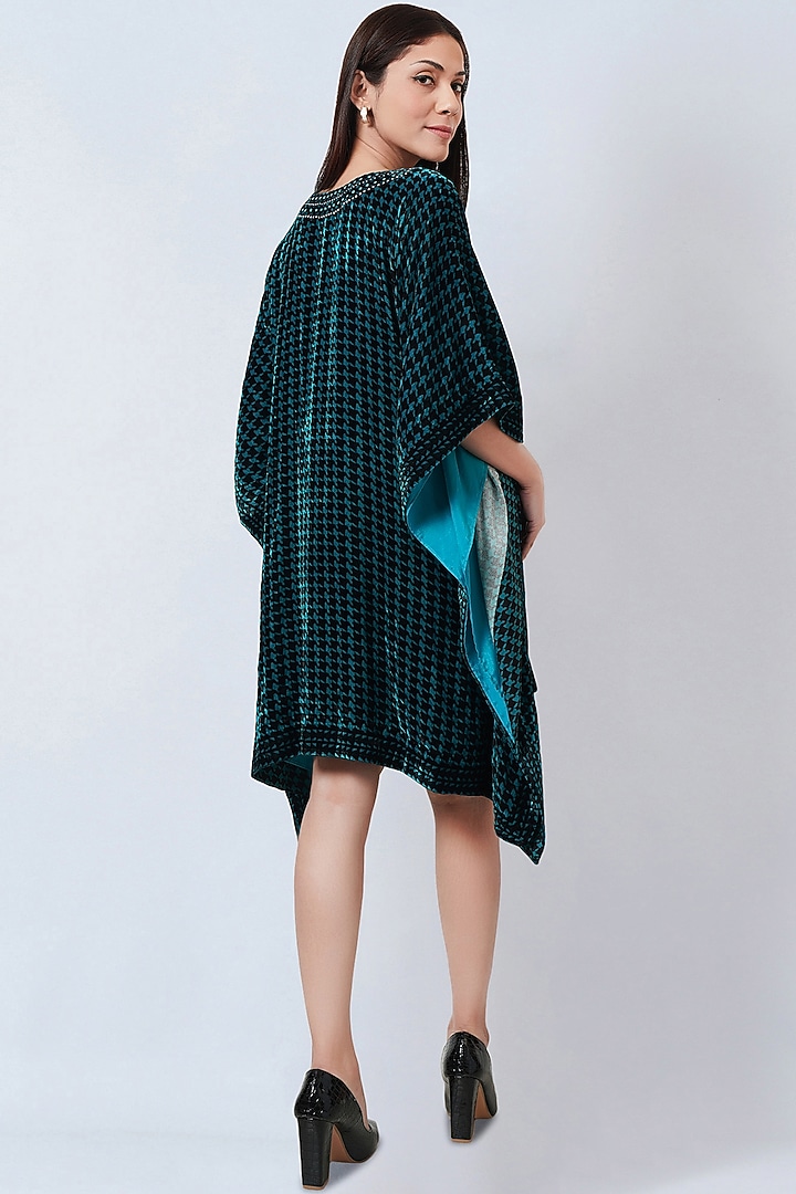 Teal Blue Silk Velvet Embellished & Printed Tunic by First Resort by Ramola Bachchan at Pernia's Pop Up Shop