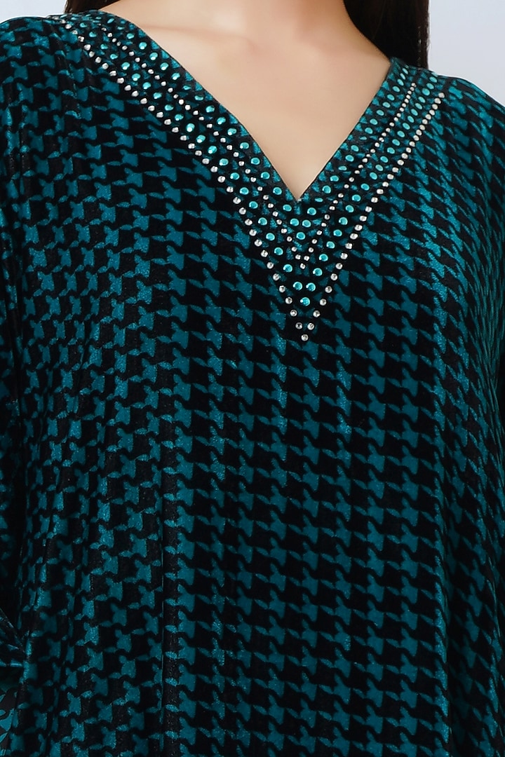 Teal Blue Silk Velvet Embellished & Printed Tunic by First Resort by Ramola Bachchan at Pernia's Pop Up Shop