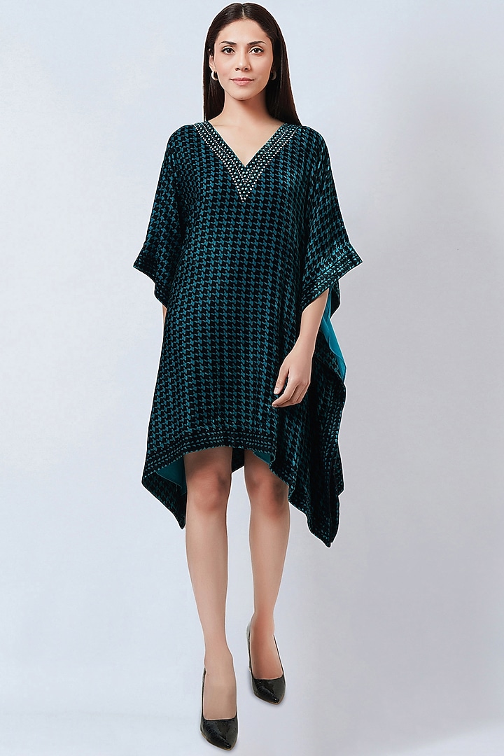 Teal Blue Silk Velvet Embellished & Printed Tunic by First Resort by Ramola Bachchan at Pernia's Pop Up Shop