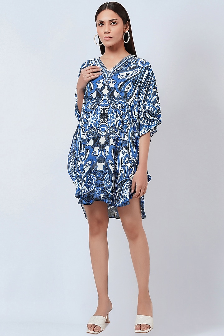 Azure Blue & White Georgette Embroidered & Printed Tunic by First Resort by Ramola Bachchan