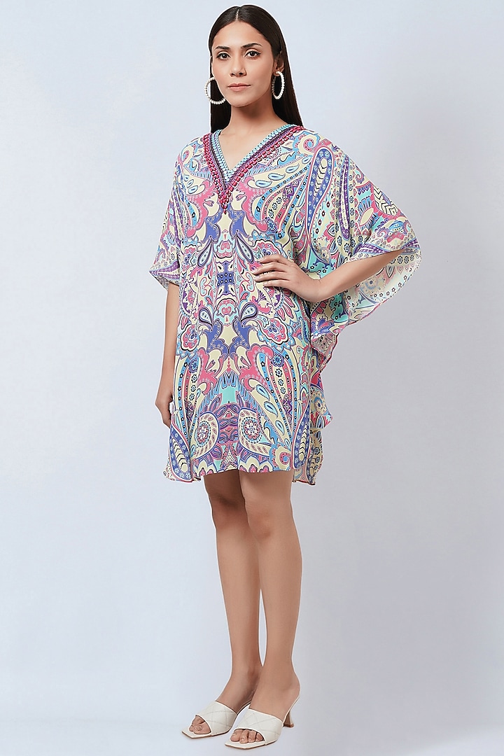 Mauve & Blue Georgette Embroidered & Printed Tunic by First Resort by Ramola Bachchan