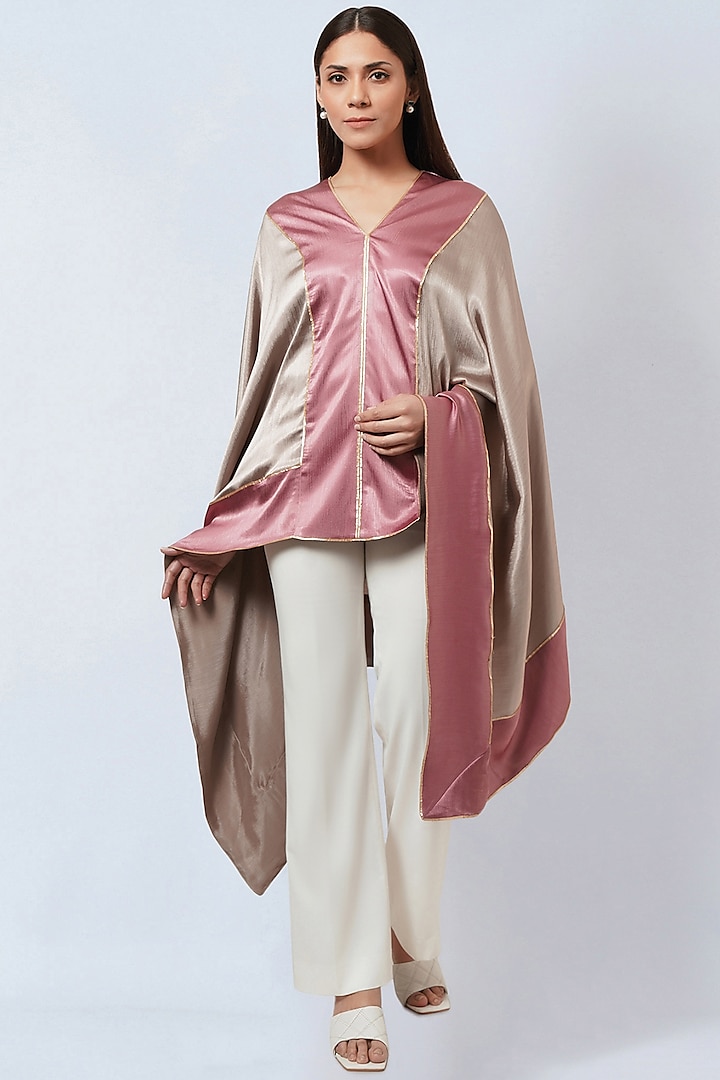 Beige & Blush Pink Satin Asymmetric Tunic by First Resort by Ramola Bachchan