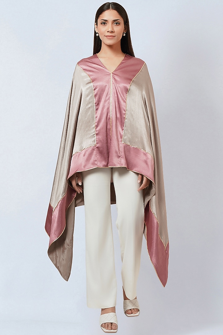 Beige & Blush Pink Satin Asymmetric Tunic by First Resort by Ramola Bachchan at Pernia's Pop Up Shop