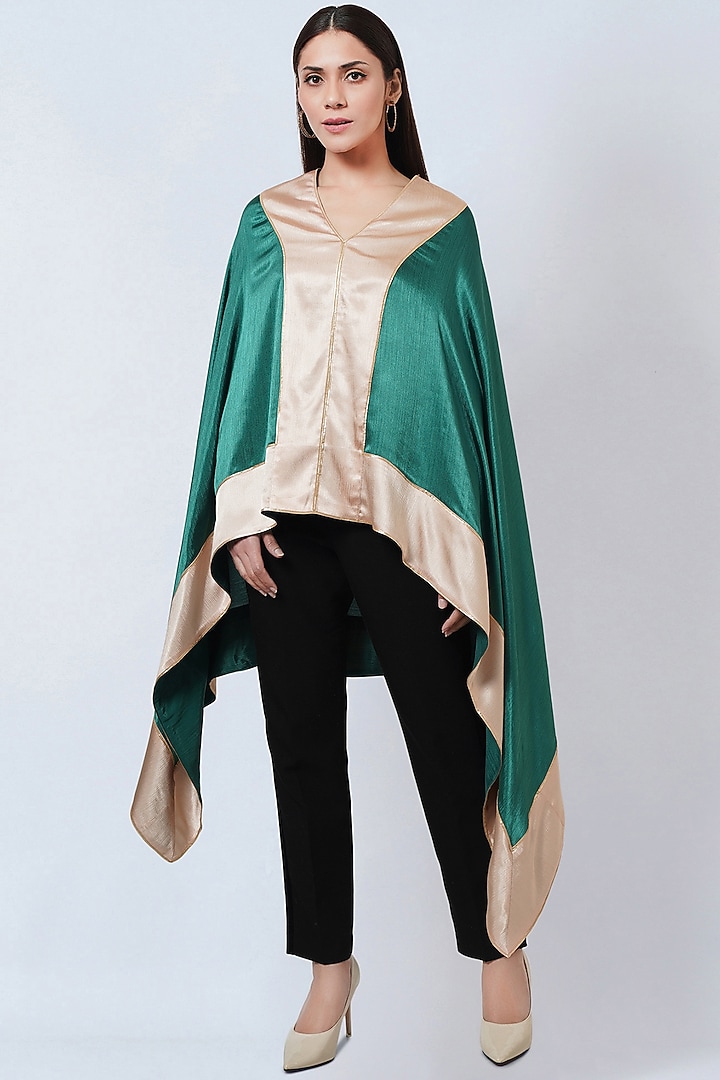 Forest Green & Gold Satin Asymmetric Tunic by First Resort by Ramola Bachchan at Pernia's Pop Up Shop
