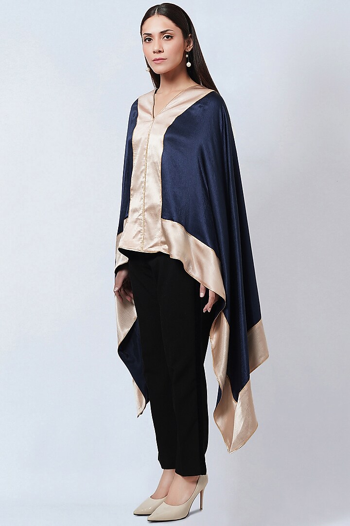 Midnight Blue & Gold Satin Asymmetric Tunic by First Resort by Ramola Bachchan at Pernia's Pop Up Shop