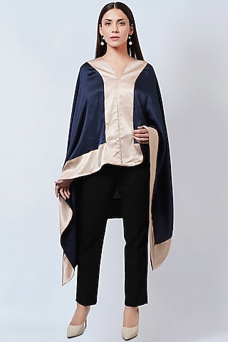 Midnight Blue & Gold Satin Asymmetric Tunic by First Resort by Ramola Bachchan