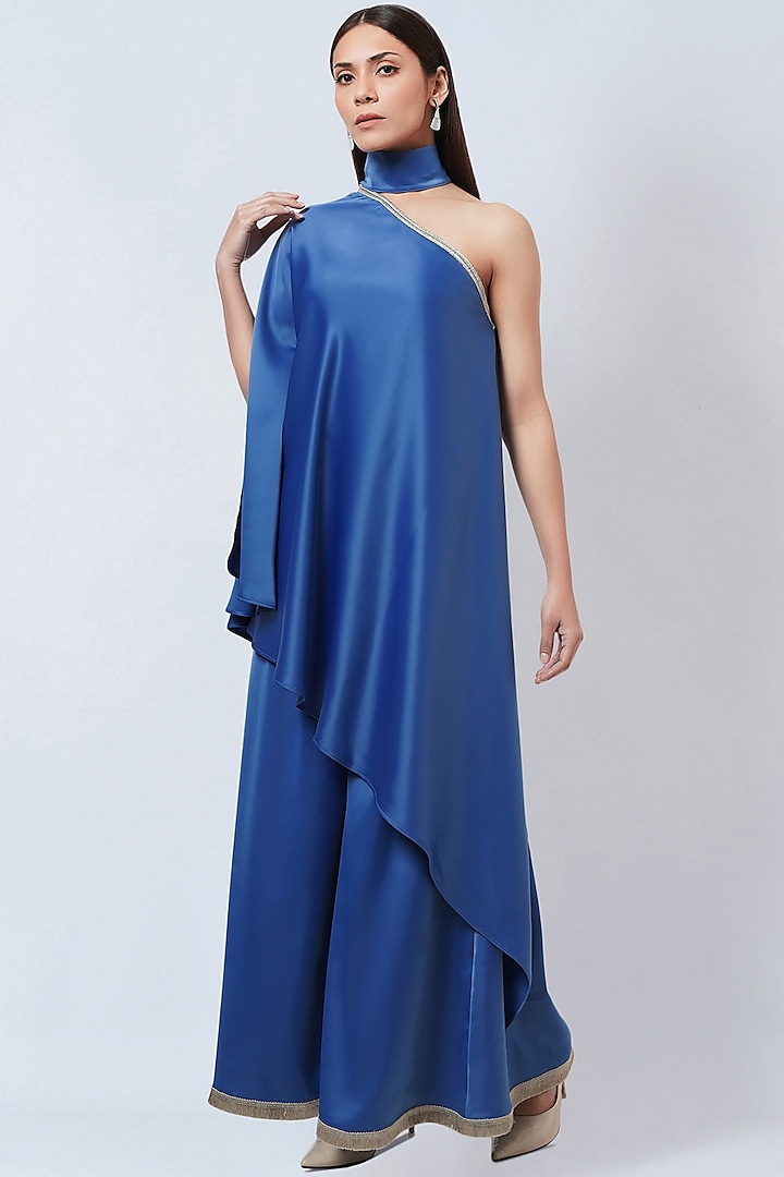 Azure Blue Crepe One-Shoulder Asymmetrical Tunic by First Resort by Ramola Bachchan