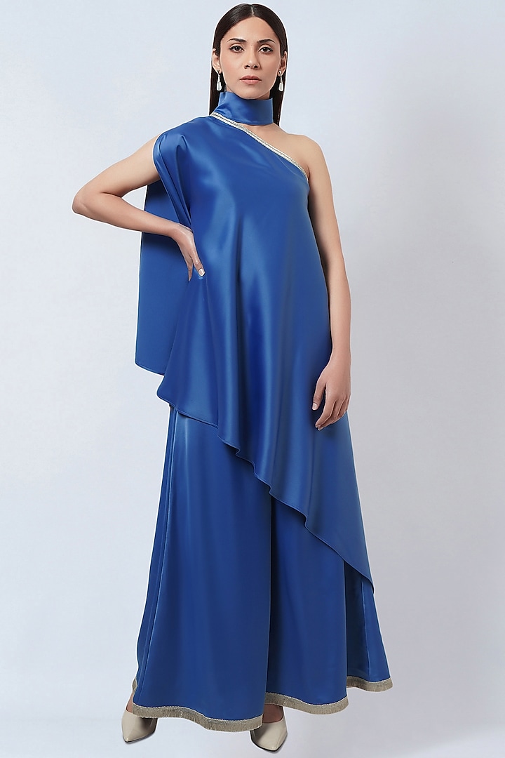 Azure Blue Crepe One-Shoulder Asymmetrical Tunic by First Resort by Ramola Bachchan at Pernia's Pop Up Shop