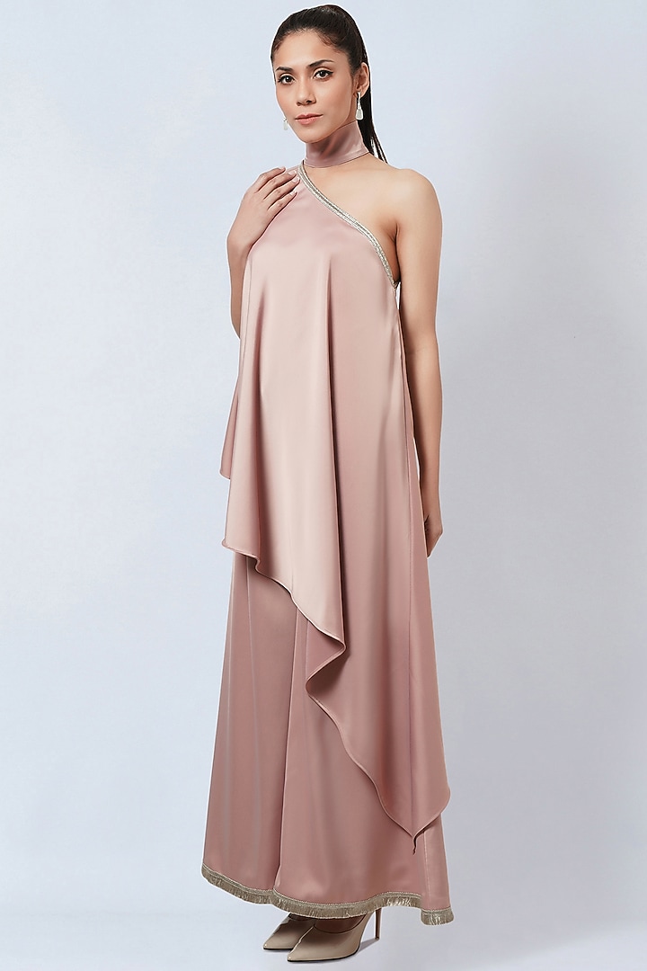 Powder Pink Crepe One-Shoulder Asymmetrical Tunic by First Resort by Ramola Bachchan at Pernia's Pop Up Shop