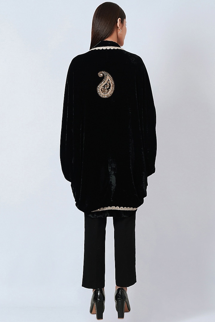 Black Silk Velvet Embroidered Cape by First Resort by Ramola Bachchan at Pernia's Pop Up Shop