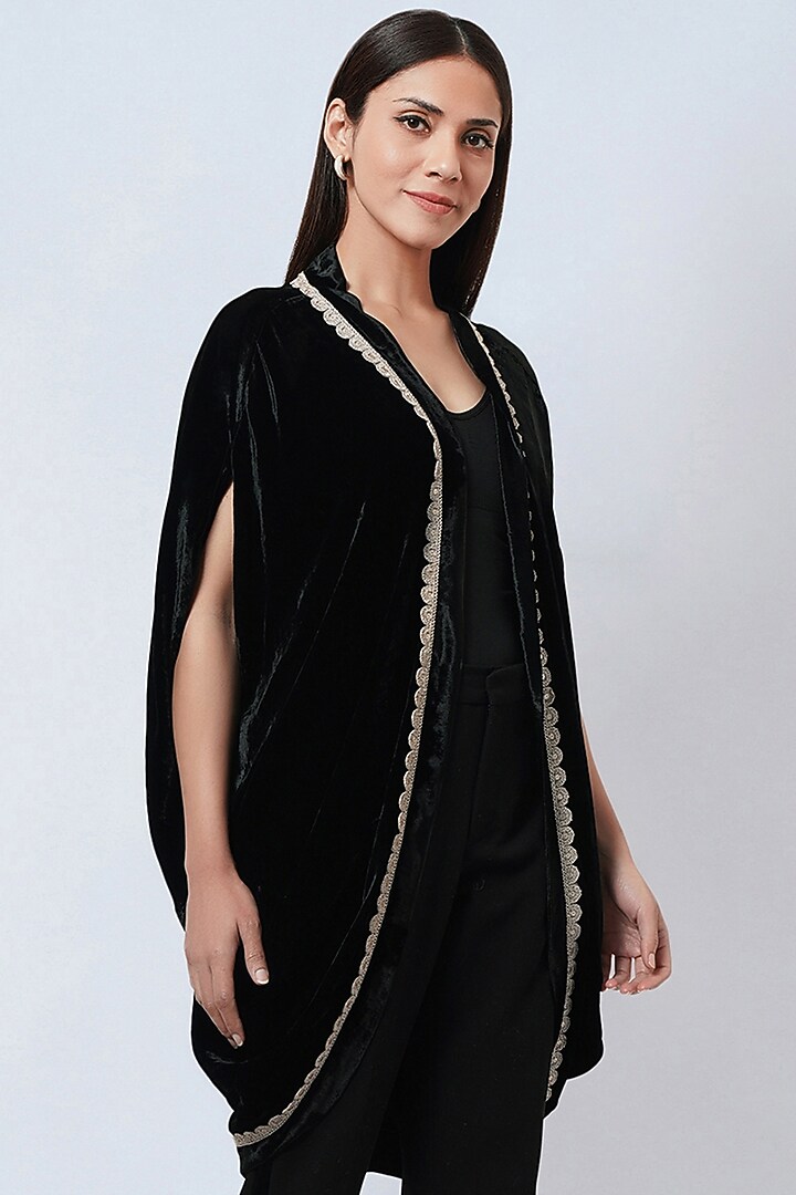 Black Silk Velvet Embroidered Cape by First Resort by Ramola Bachchan at Pernia's Pop Up Shop