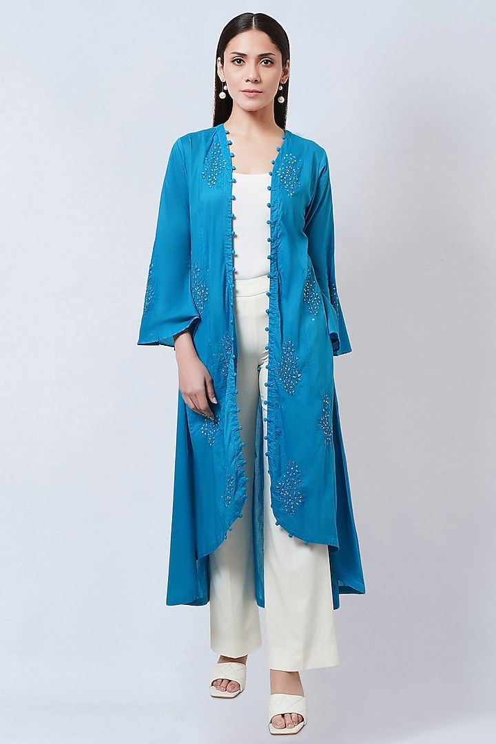 Cobalt Blue Cotton Cambric Embellished Coat by First Resort by Ramola Bachchan