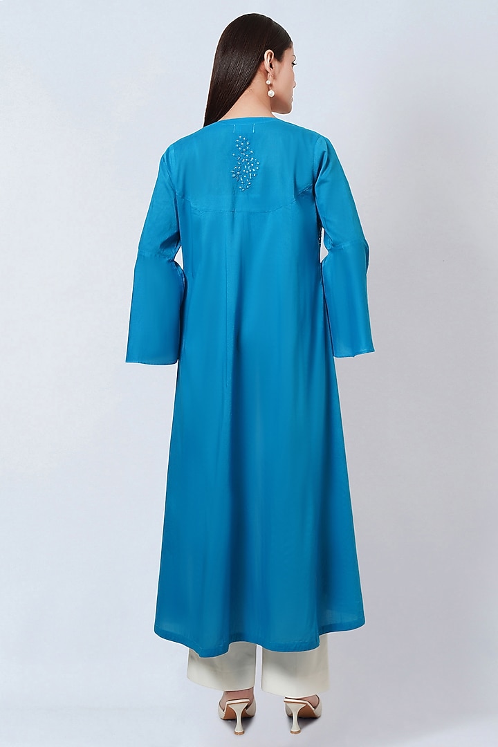 Cobalt Blue Cotton Cambric Embellished Coat by First Resort by Ramola Bachchan at Pernia's Pop Up Shop