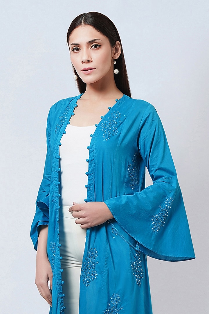 Cobalt Blue Cotton Cambric Embellished Coat by First Resort by Ramola Bachchan at Pernia's Pop Up Shop