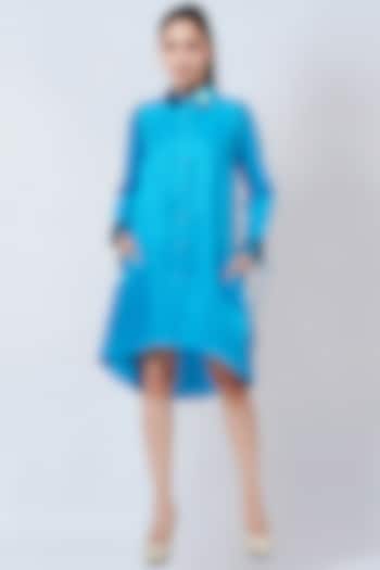 Sky Blue Cotton Satin Embroidered High-Low Summer Shirt Dress by First Resort by Ramola Bachchan at Pernia's Pop Up Shop
