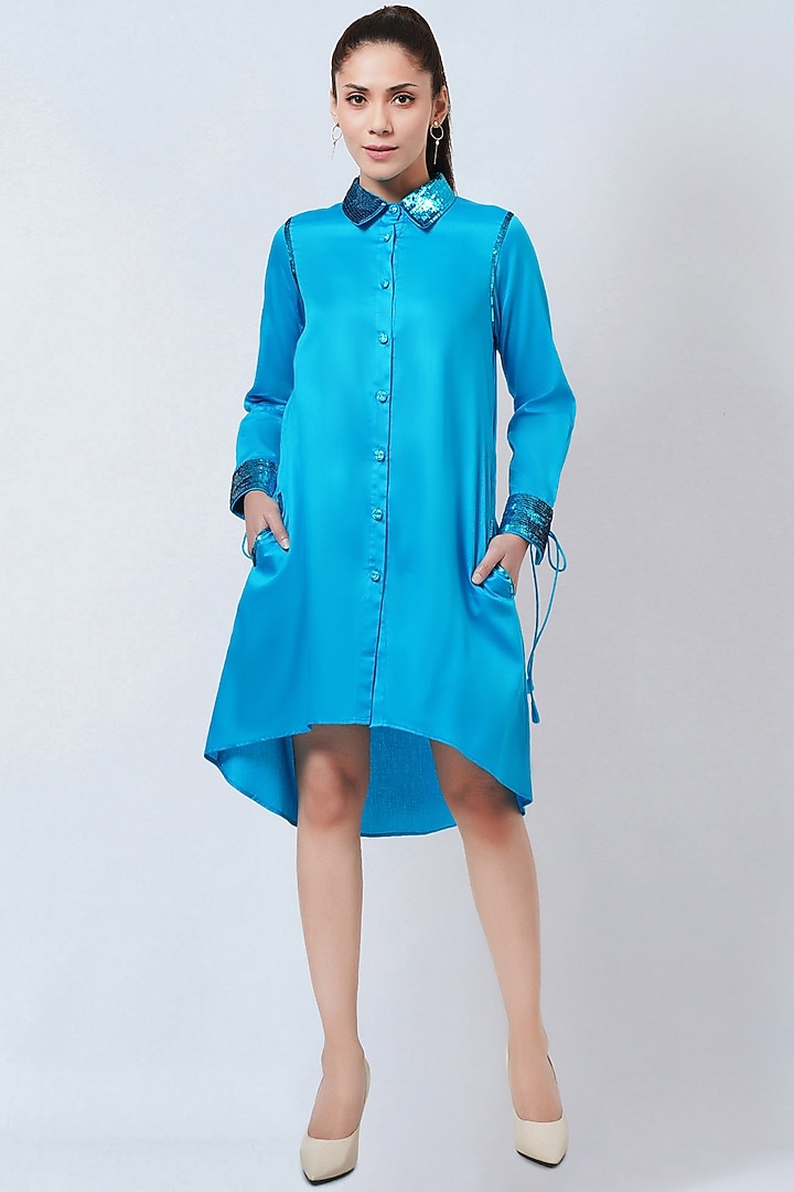 Sky Blue Cotton Satin Embroidered High-Low Summer Shirt Dress by First Resort by Ramola Bachchan at Pernia's Pop Up Shop
