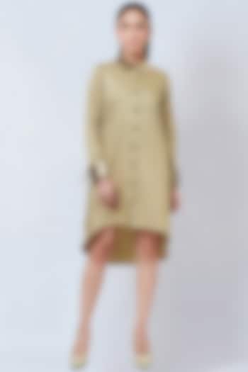 Beige Cotton Satin Embroidered High-Low Shirt Dress by First Resort by Ramola Bachchan