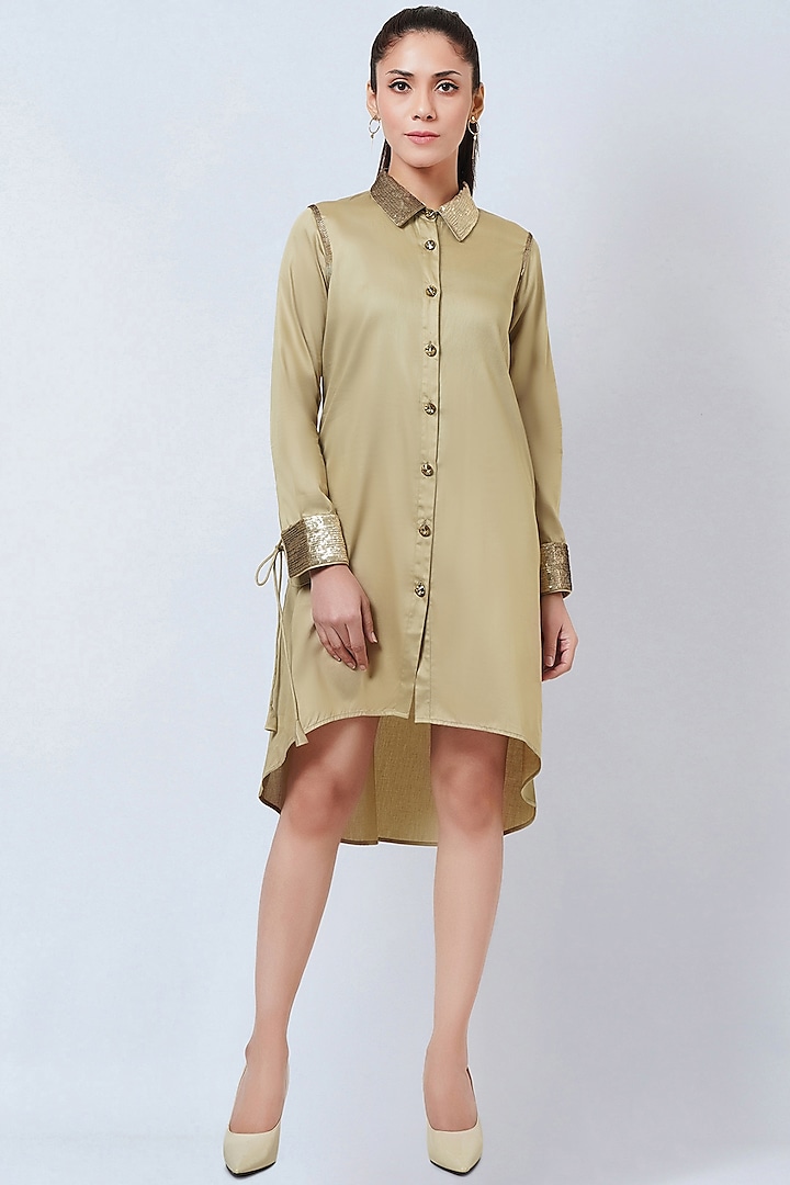 Beige Cotton Satin Embroidered High-Low Shirt Dress Design by First ...
