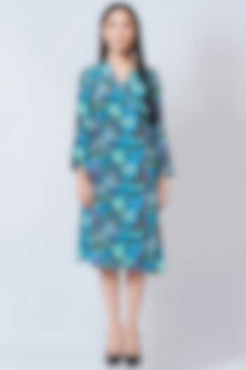 Cobalt Blue Viscose Crepe Printed Wrap Dress by First Resort by Ramola Bachchan