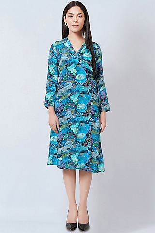 Cobalt Blue Viscose Crepe Printed Wrap Dress by First Resort by Ramola Bachchan