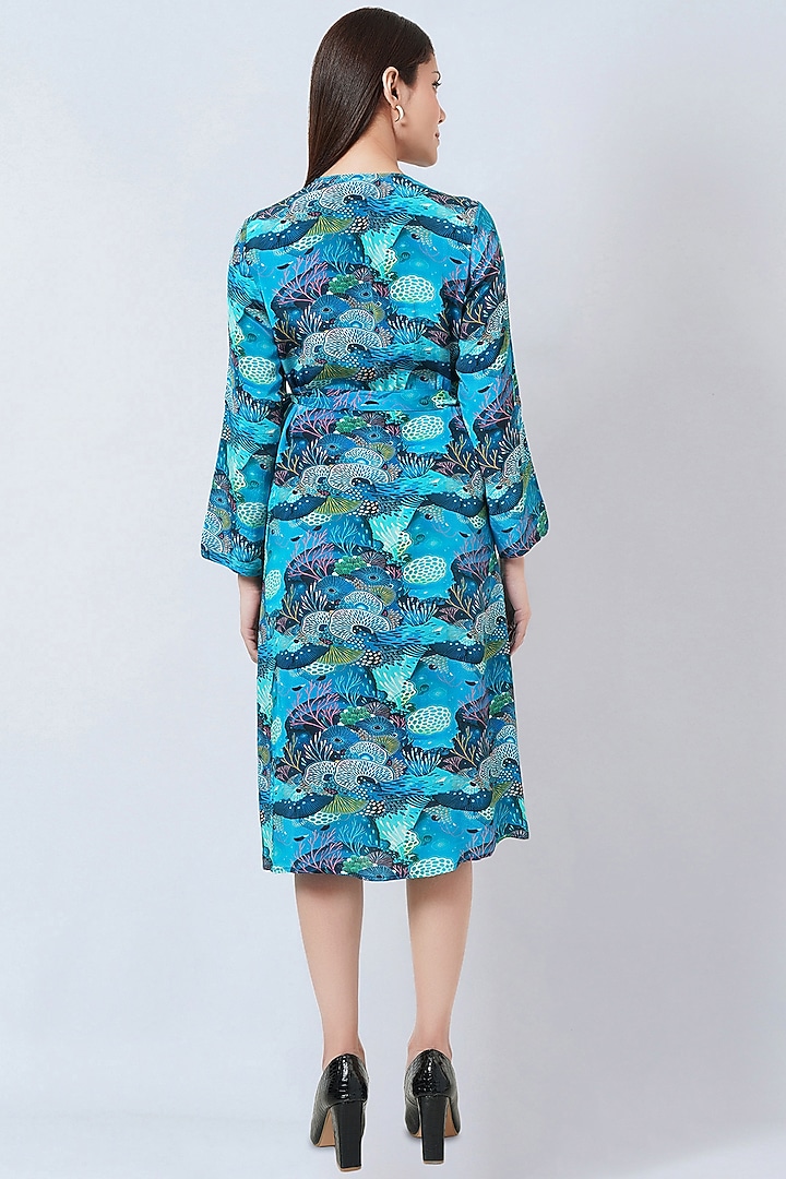 Cobalt Blue Viscose Crepe Printed Wrap Summer Dress by First Resort by Ramola Bachchan at Pernia's Pop Up Shop