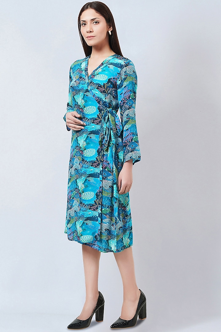 Cobalt Blue Viscose Crepe Printed Wrap Summer Dress by First Resort by Ramola Bachchan at Pernia's Pop Up Shop