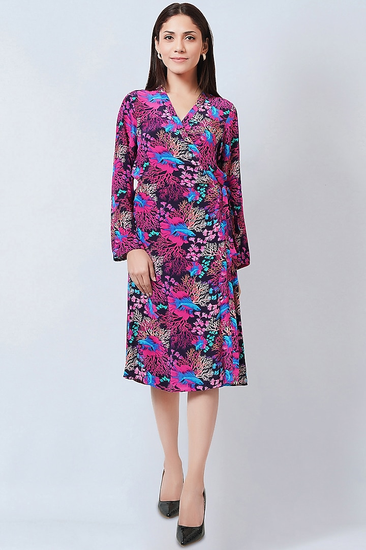 Pink Viscose Crepe Printed Wrap Dress by First Resort by Ramola Bachchan