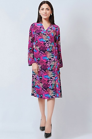 Pink Viscose Crepe Printed Wrap Dress by First Resort by Ramola Bachchan