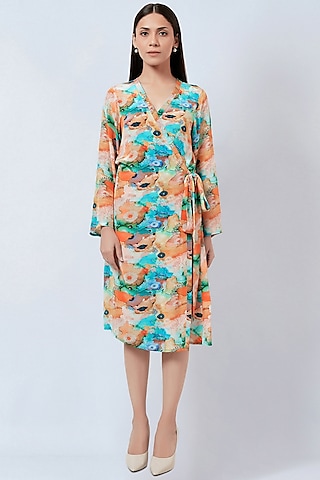 Multi-Colored Viscose Crepe Printed Wrap Dress by First Resort by Ramola Bachchan