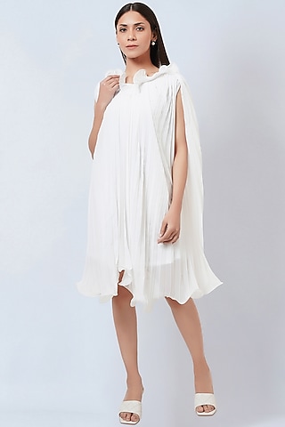 White Polyester Georgette Pleated Asymmetric Dress by First Resort by Ramola Bachchan