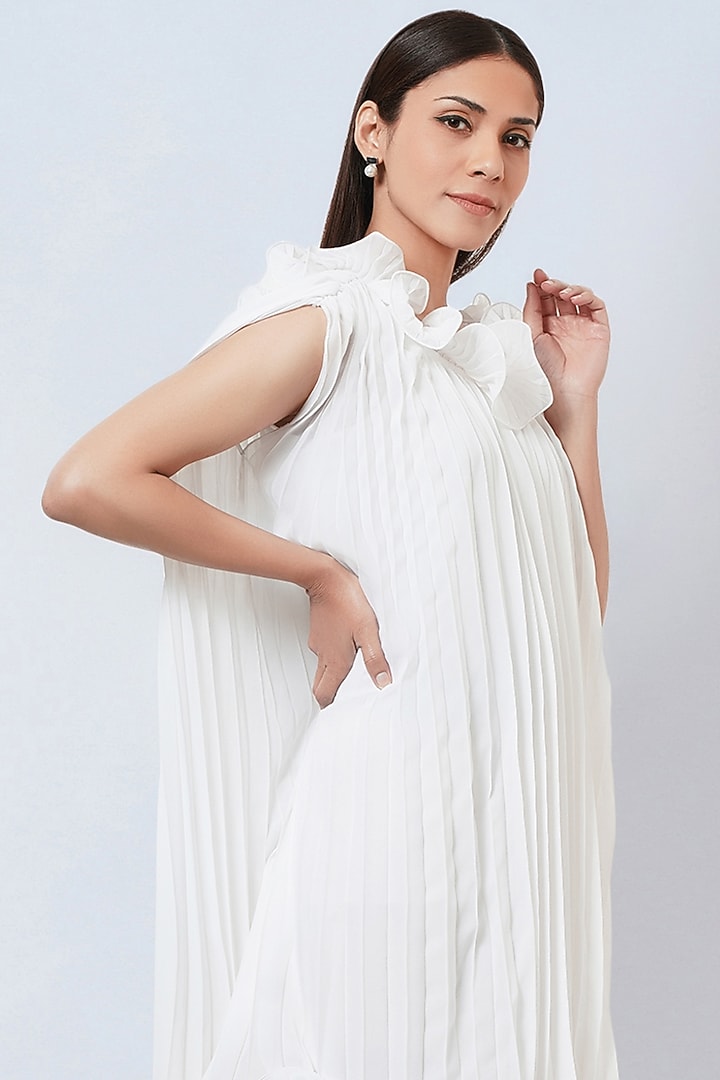 White Polyester Georgette Pleated Asymmetric Summer Dress by First Resort by Ramola Bachchan at Pernia's Pop Up Shop