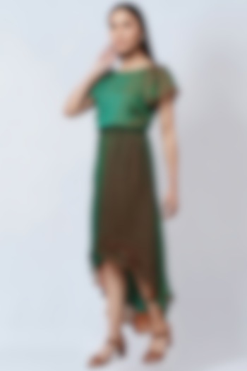 Green & Bronze Polyester Georgette High-low Summer Dress by First Resort by Ramola Bachchan at Pernia's Pop Up Shop