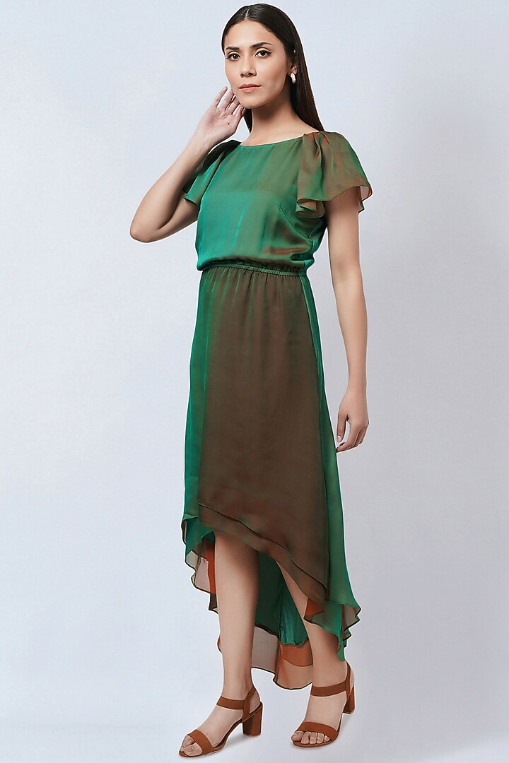 Green & Bronze Polyester Georgette High-low Summer Dress by First Resort by Ramola Bachchan at Pernia's Pop Up Shop