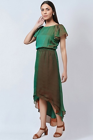 Green & Bronze Polyester Georgette High-low Dress by First Resort by Ramola Bachchan