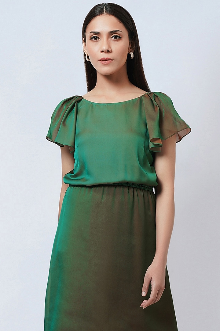 Green & Bronze Polyester Georgette High-low Summer Dress by First Resort by Ramola Bachchan at Pernia's Pop Up Shop